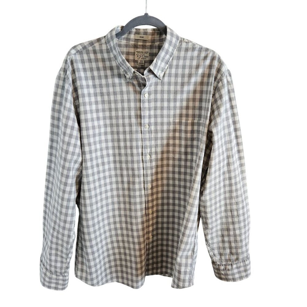 J. Crew Mens Size XL Slim Fit Stretch Organic Cotton Gray White Gingham Check